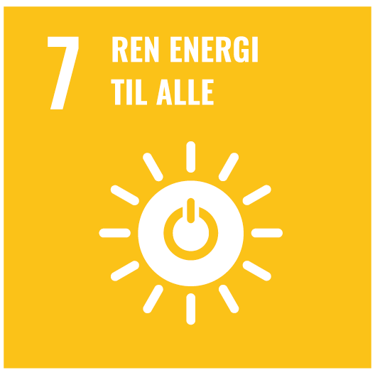 Illustrasjon av FNs bærekraftsmål nummer 7, viser en sol med av og på-knapp inni, står for - ren energi til alle