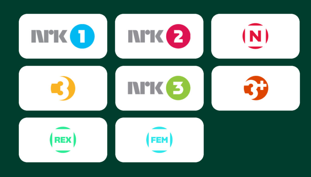 Viser alle de faste kanalene du får ved å ha TV fra Neas i Telia Play. NRK1, NRK 2, NRK 3, TV Norge, TV 3, TV 3+, Fem, Rex