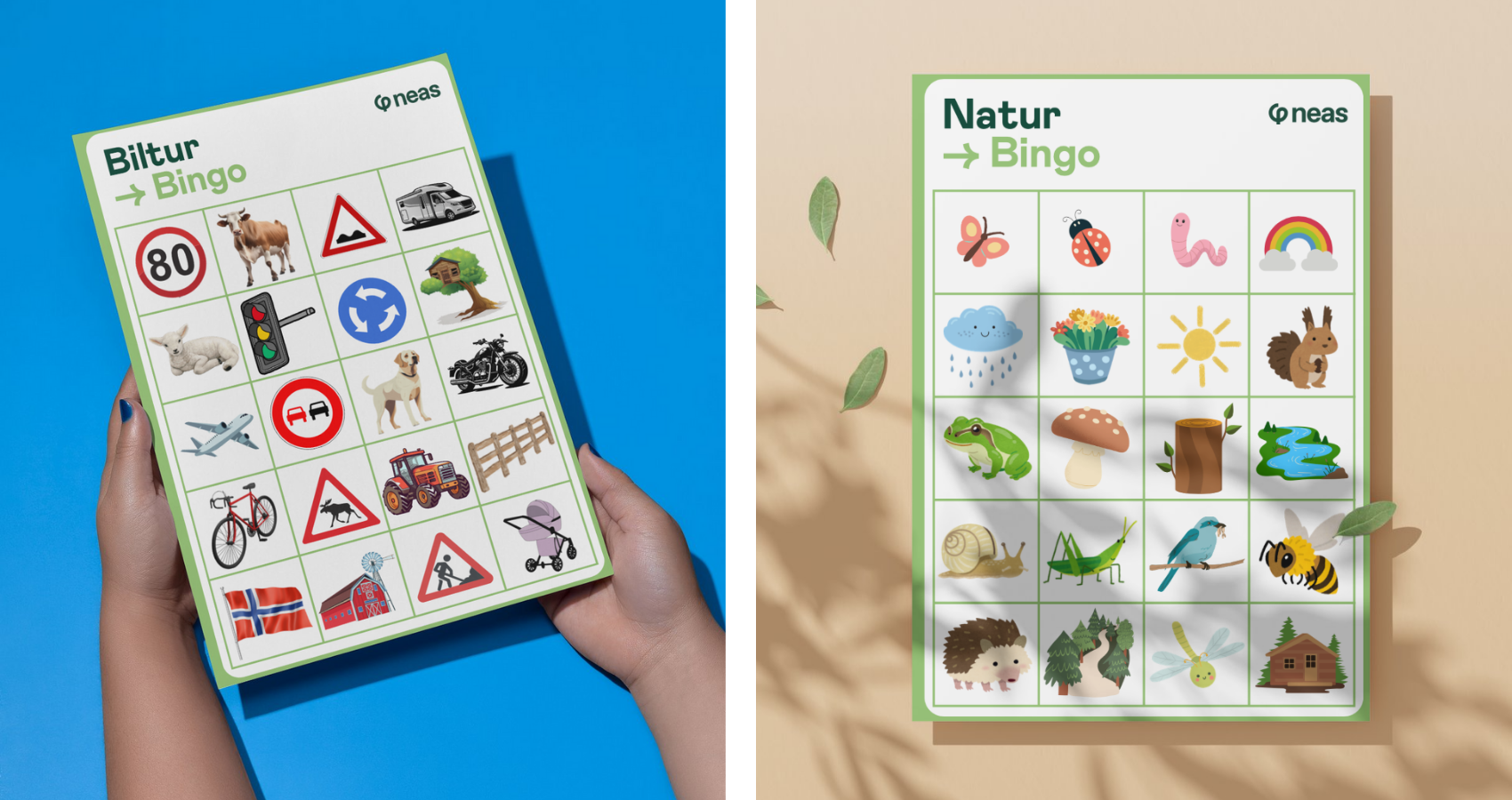 Bildet viser to bingoark med ulike motiver man kan finne på biltur eller i naturen og krysse av