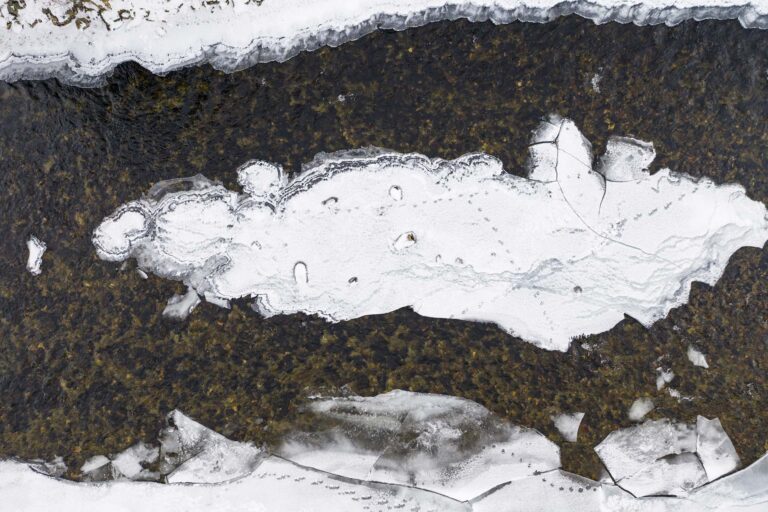 Et stort isflak formet som en liten øy flyter på elva. Det er snø og is på begge sider av vannet.