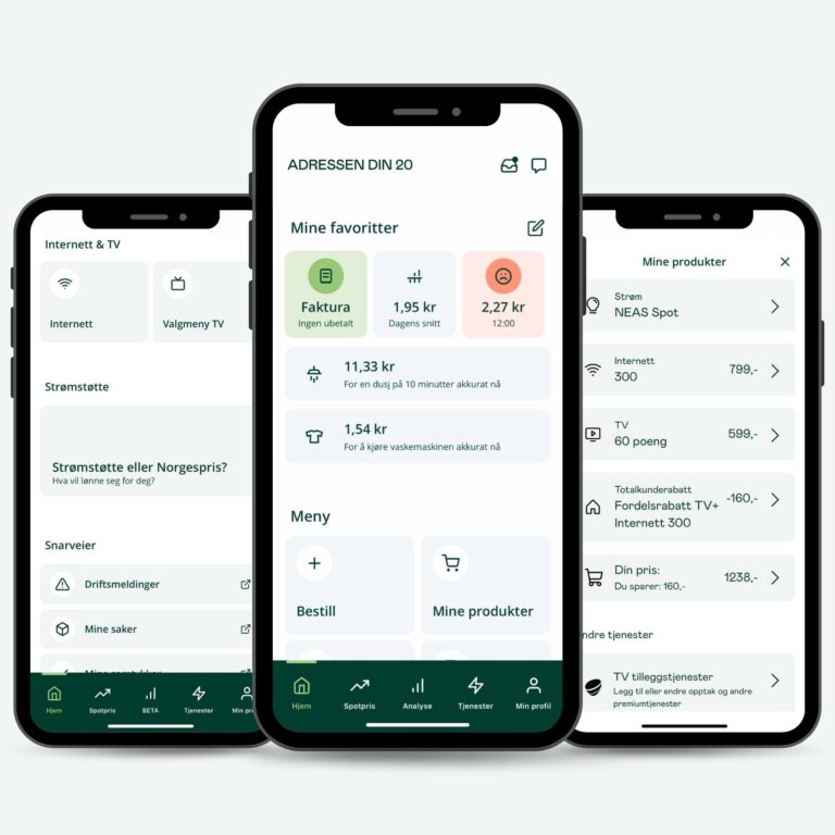 Neas appen viser tre mobiler med hjemskjerm - snarveier til fakturaene dine, strompriser, dine produkter og internett og TV-valgmenyen