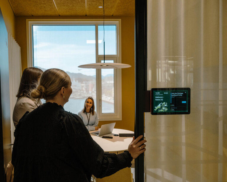 To ansatte står i døra til et møterom hvor det sitter ei smilende dame ved et bord og ser mot dem. På veggen henger en skjerm for å booke møterom og det er fint vær utenfor vinduet bak damen som sitter ved bordet.